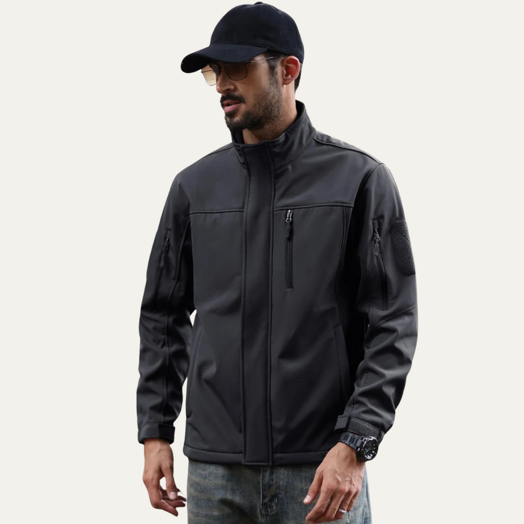 Men's tactical windproof jacket, dark gray full-zip with stand collar and sleeve utility pocket