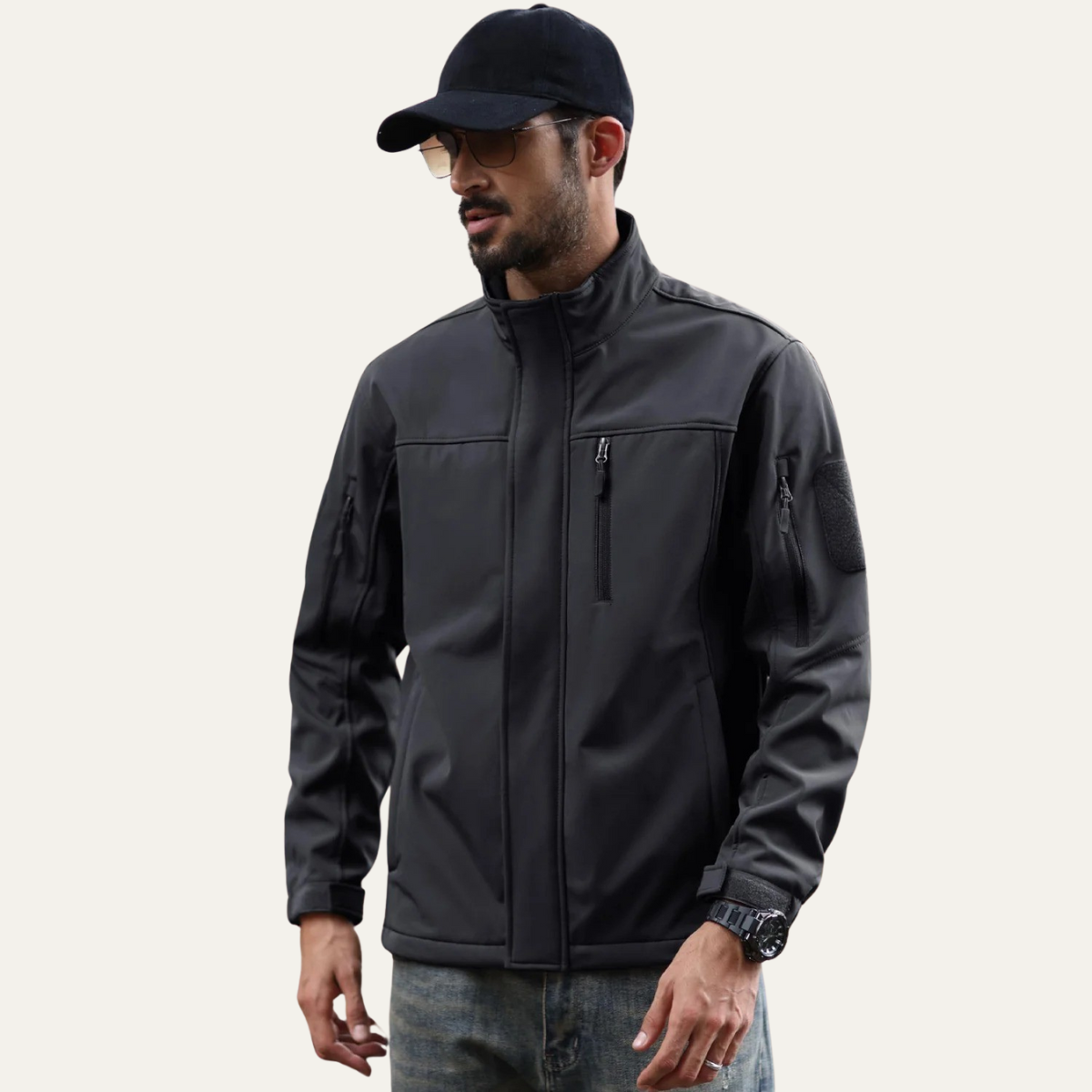 Men's tactical windproof jacket, dark gray full-zip with stand collar and sleeve utility pocket
