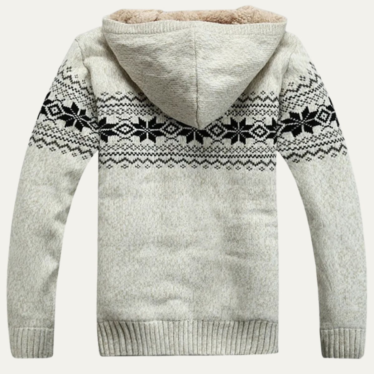 Cream sherpa-lined zip-up hoodie cardigan with black Nordic stripe yoke pattern