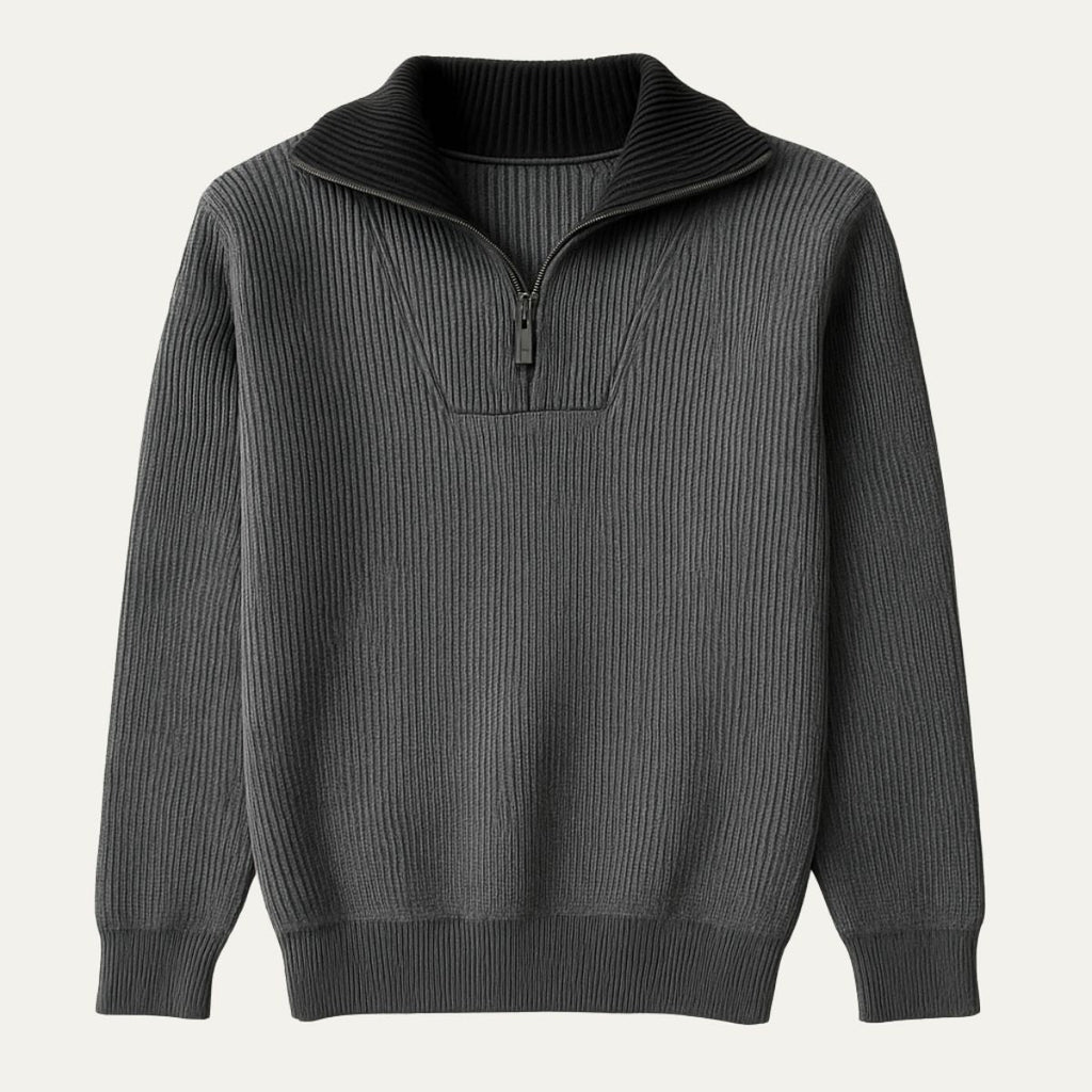 Men's quarter-zip sweater in heather gray with ribbed collar and half-zip closure