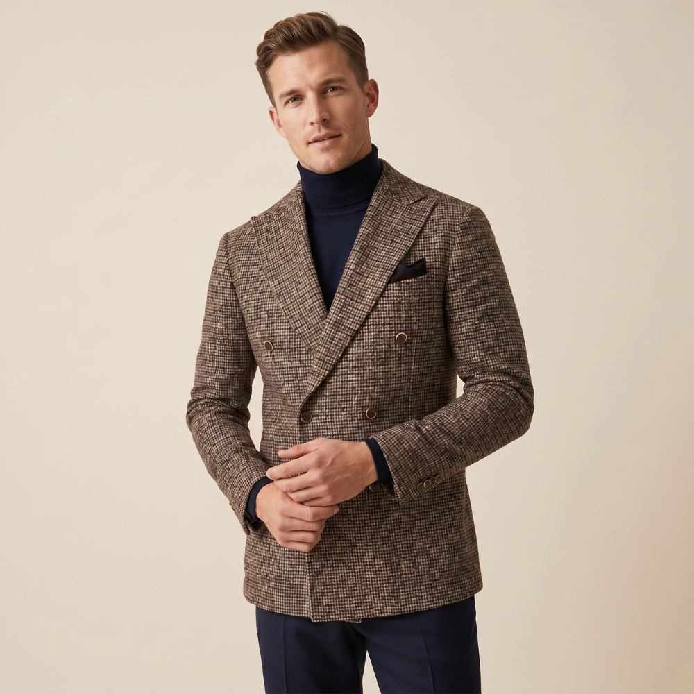 Men's brown herringbone tweed double-breasted blazer with pocket square and dark buttons