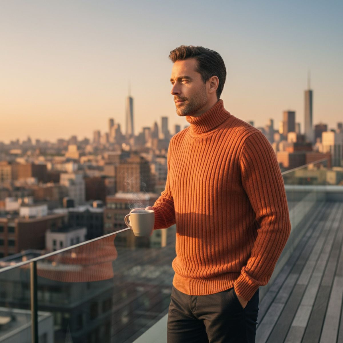 Men's orange ribbed turtleneck knit sweater, long sleeves