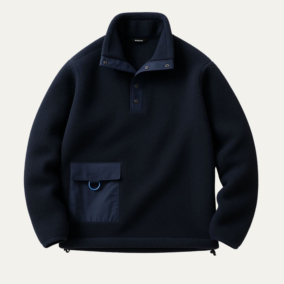 Navy fleece quarter-snap pullover sweater with mock neck and chest pocket
