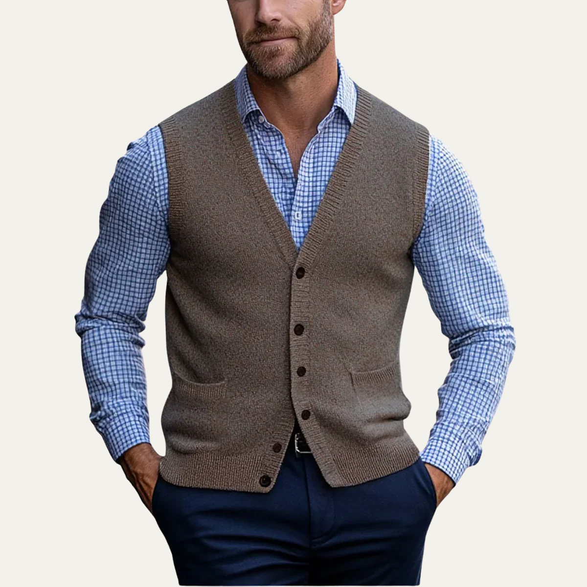 Brown knit vest, V-neck button-front with two chest pockets
