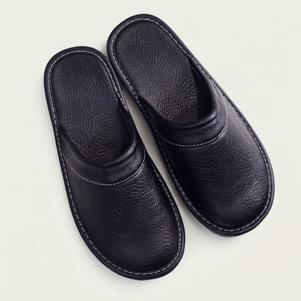 Men's black leather slip-on clog house shoes with contrast edge stitching