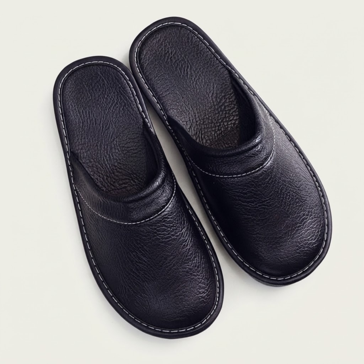 Men's black leather slip-on clog house shoes with contrast edge stitching