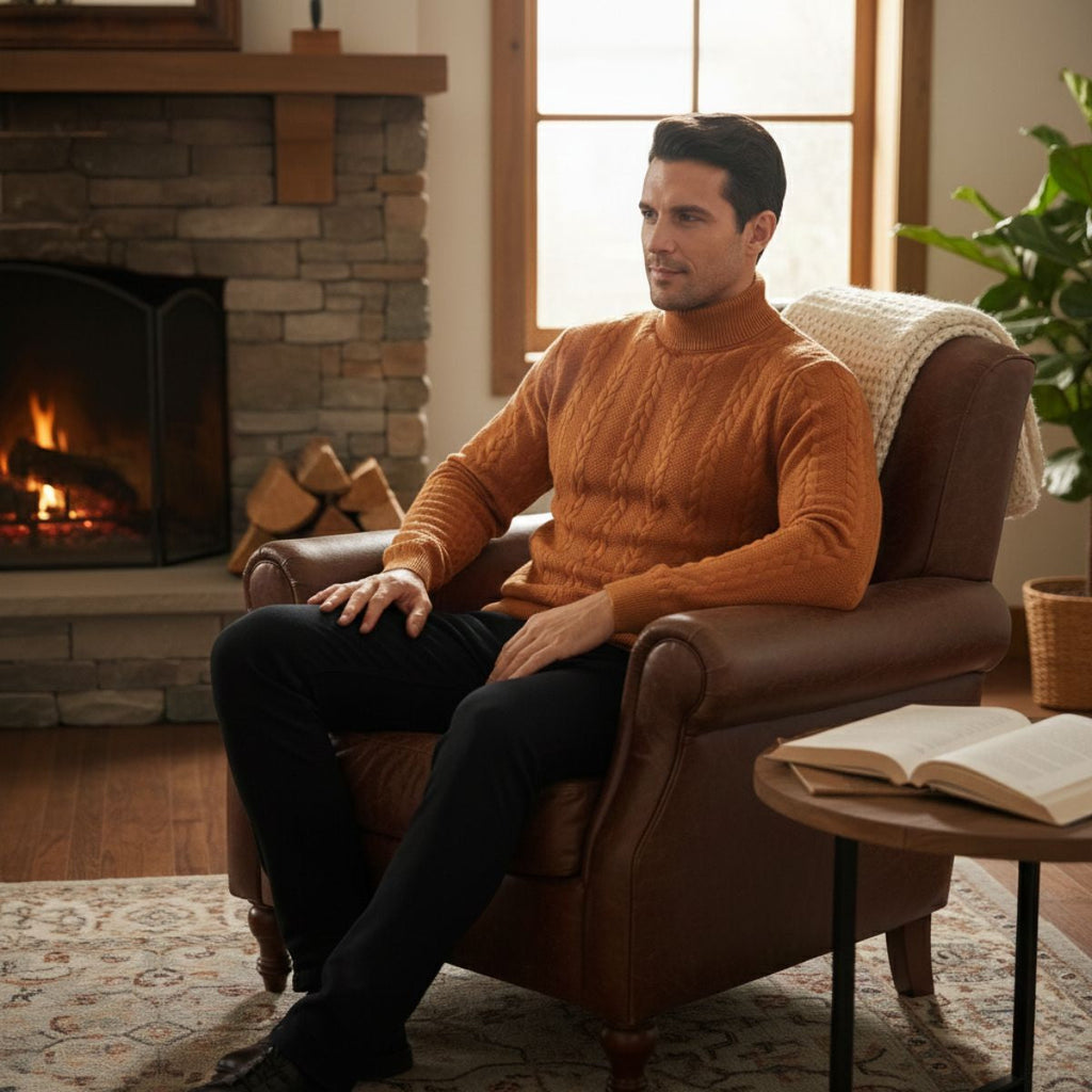 Men's cable knit turtleneck sweater, rust orange