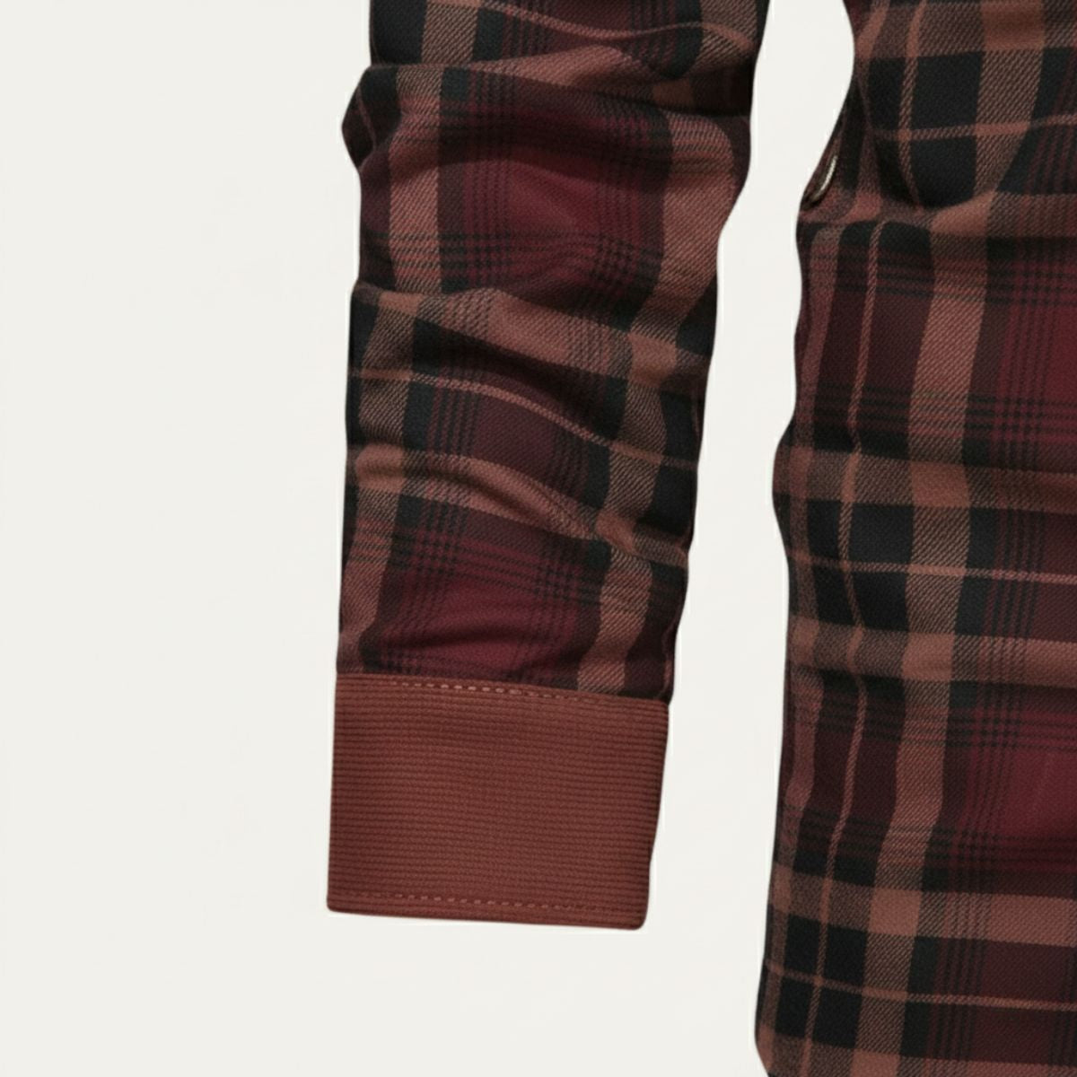 Men's plaid check jacket sleeve with corduroy cuff and button detail