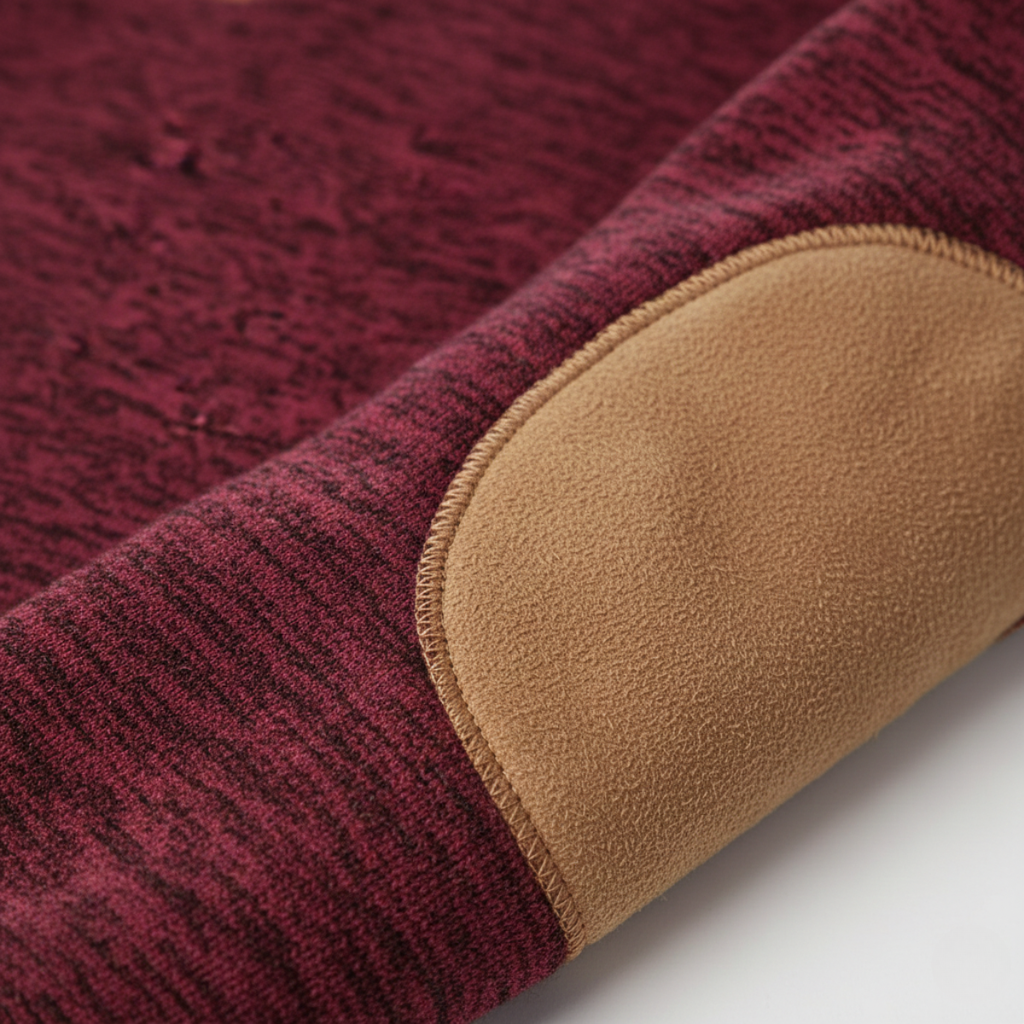 Burgundy knit sweater sleeve with tan leather elbow patch close-up edge