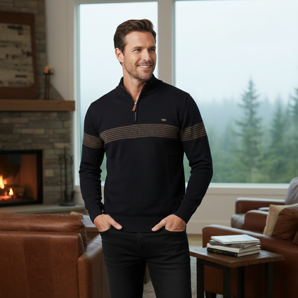 Men's black knit half-zip sweater with stand collar and patterned chest stripe