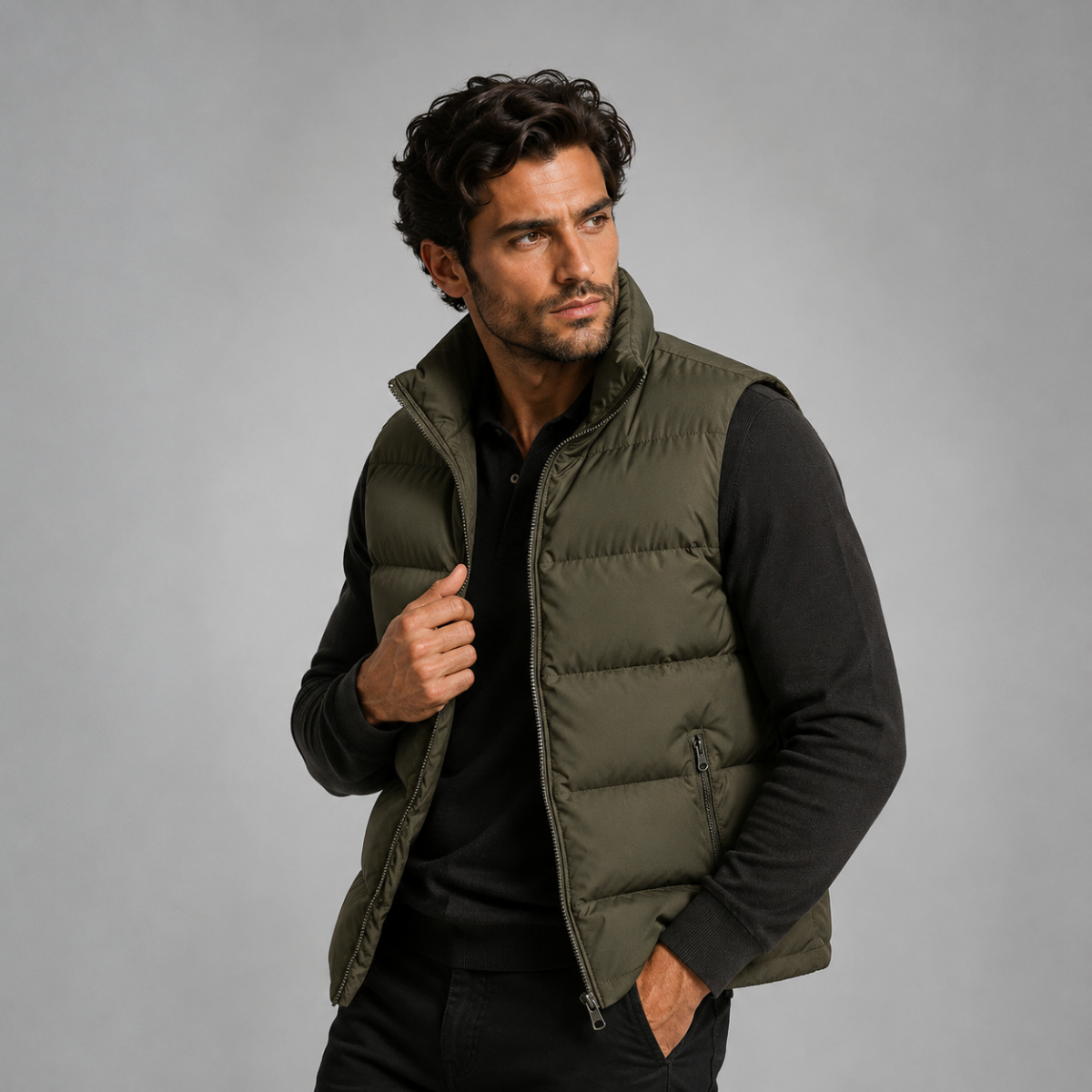 Men’s army green padded puffer vest with full-zip front and zip pocket