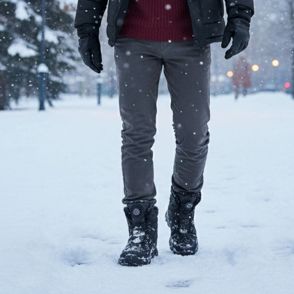 Men's black lace-up snow boots with plush lining and rugged tread sole