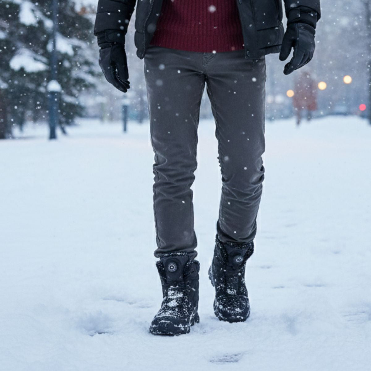 Men's black lace-up snow boots with plush lining and rugged tread sole