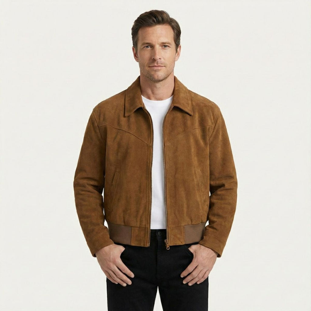 Brown suede men's zip-up jacket with point collar and front zipper on model