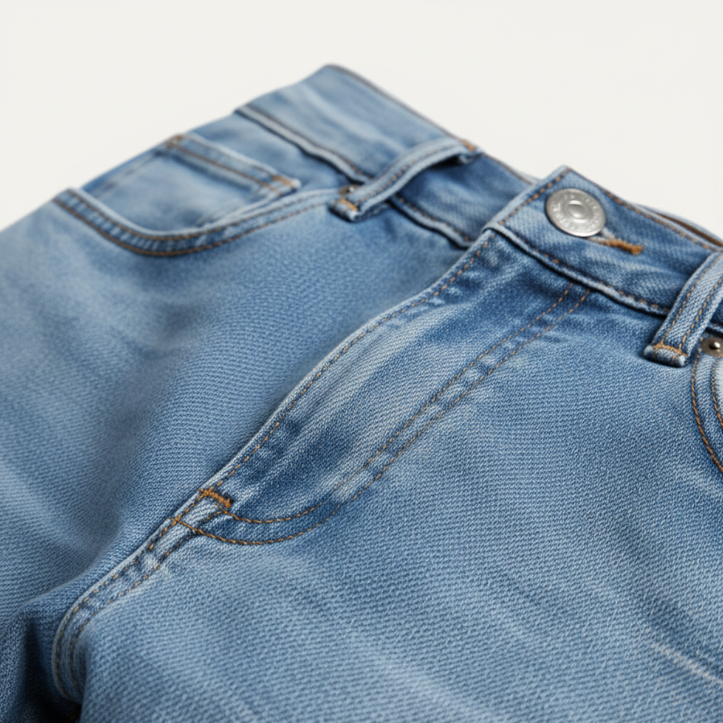 Men's slim-fit skinny jeans close-up, light blue denim button and stitching