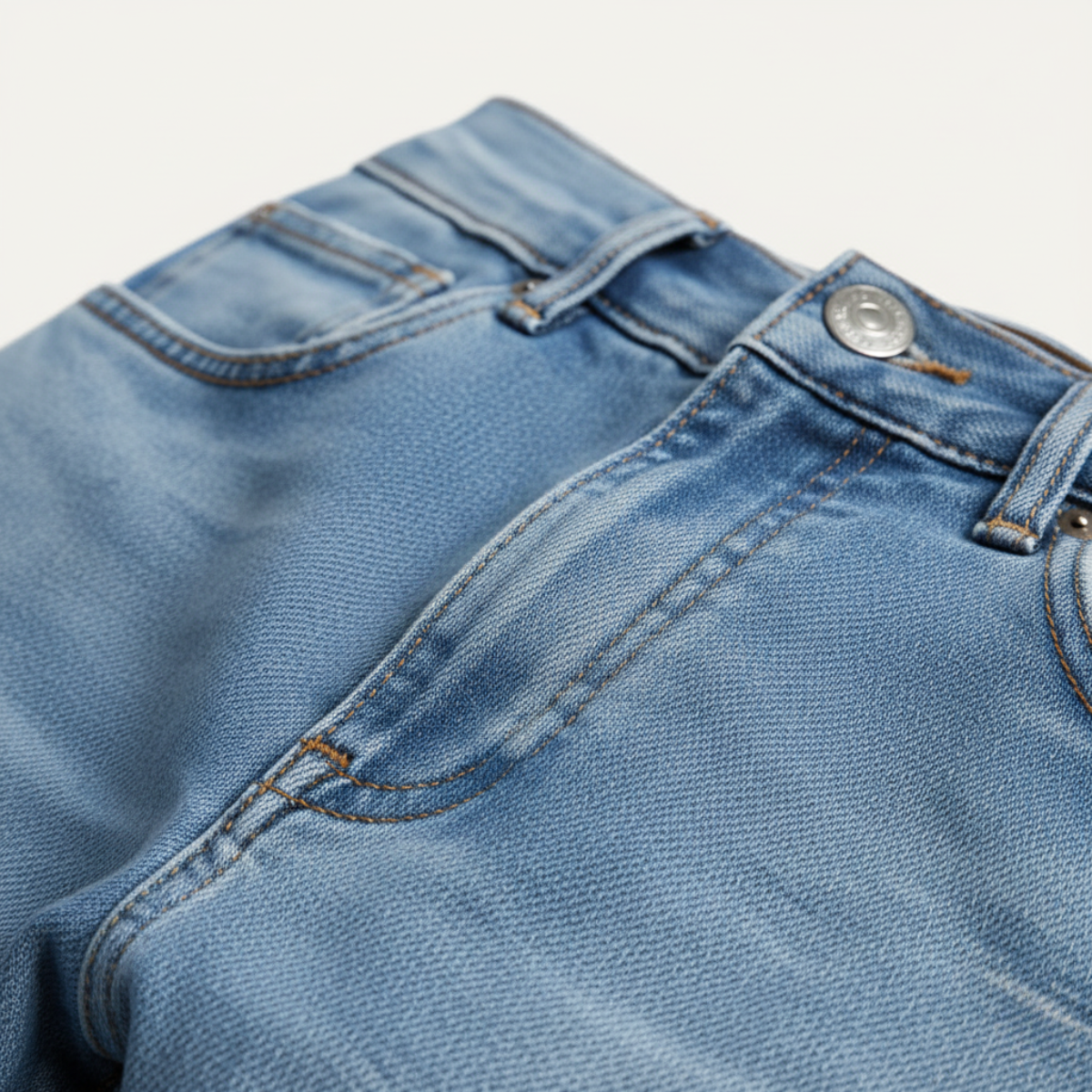 Men's slim-fit skinny jeans close-up, light blue denim button and stitching