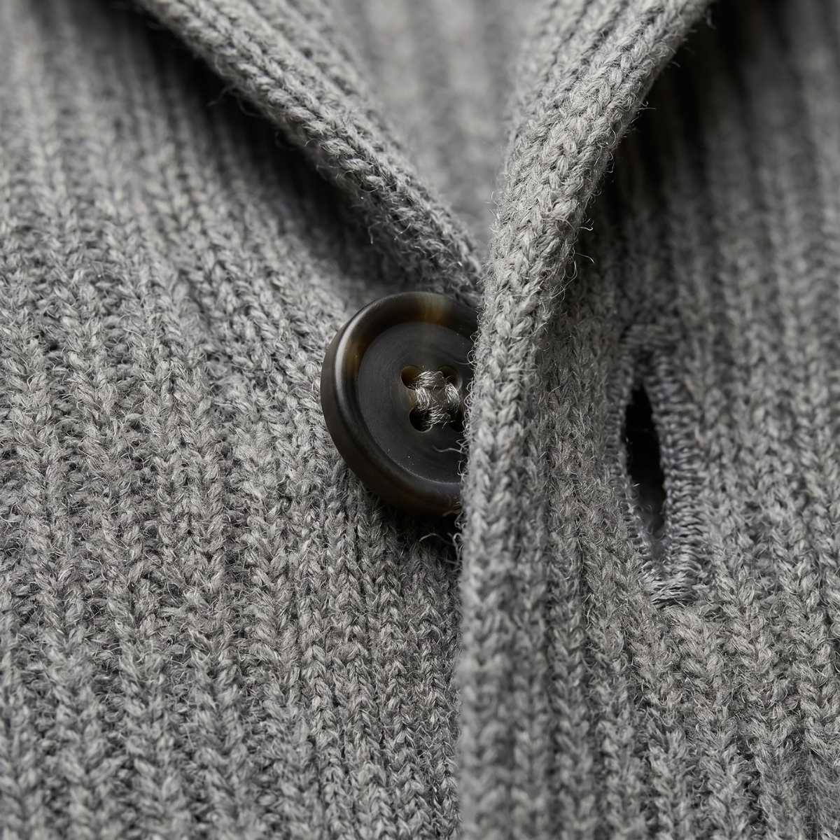 Gray knit cardigan button close-up on shawl-collar placket
