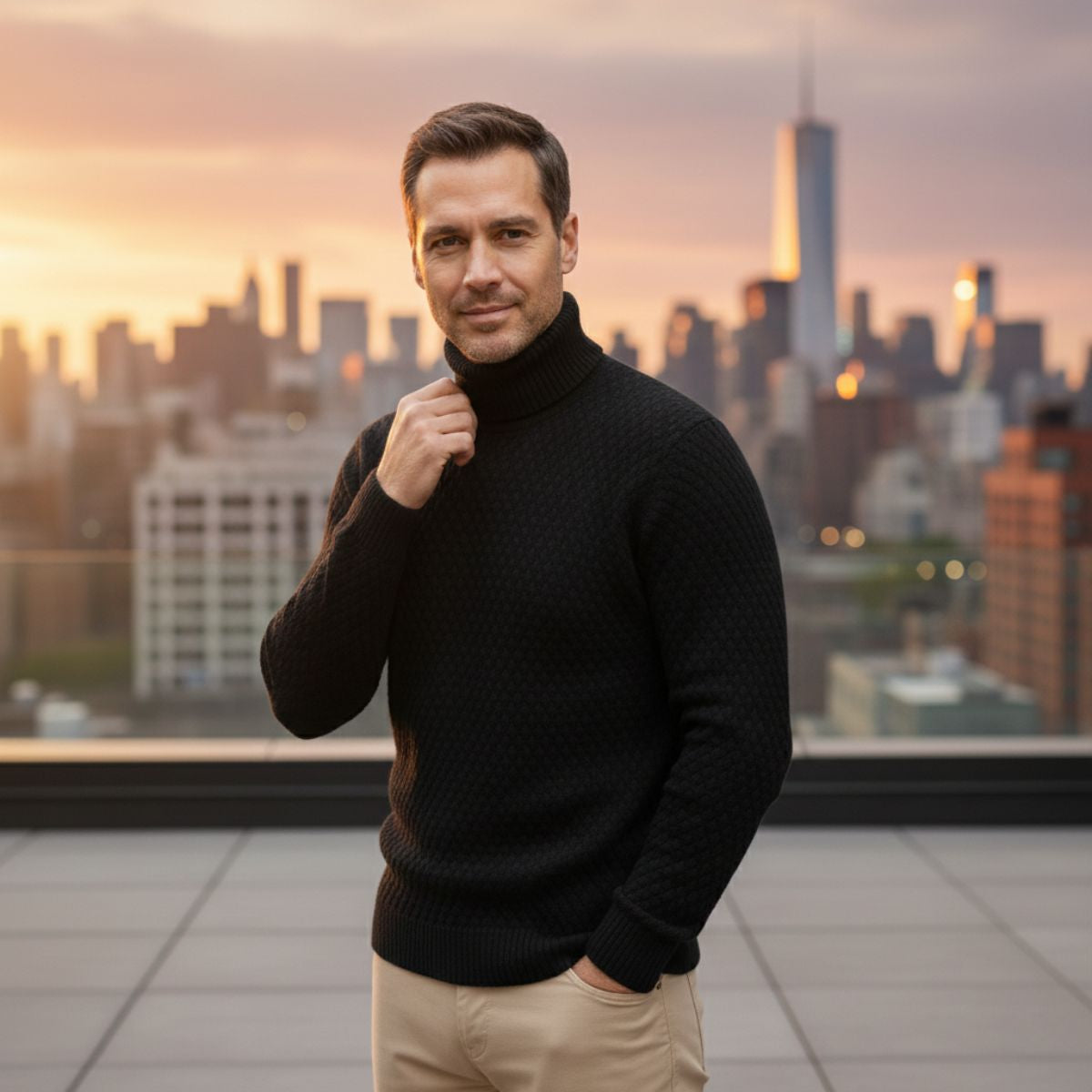 Black thick wool knit turtleneck sweater on model, ribbed cuffs and hem