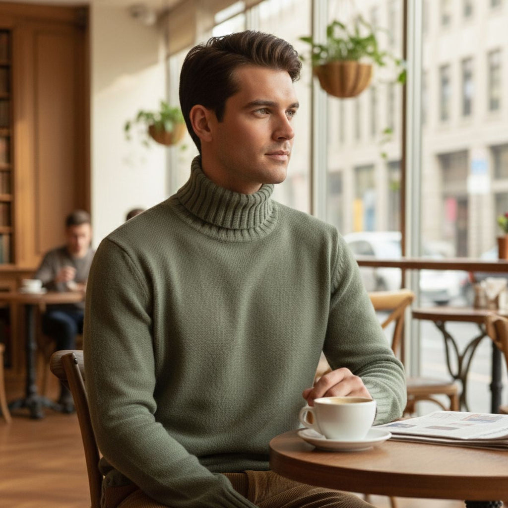Men's soft knit turtleneck sweater in green with ribbed knit cuffs