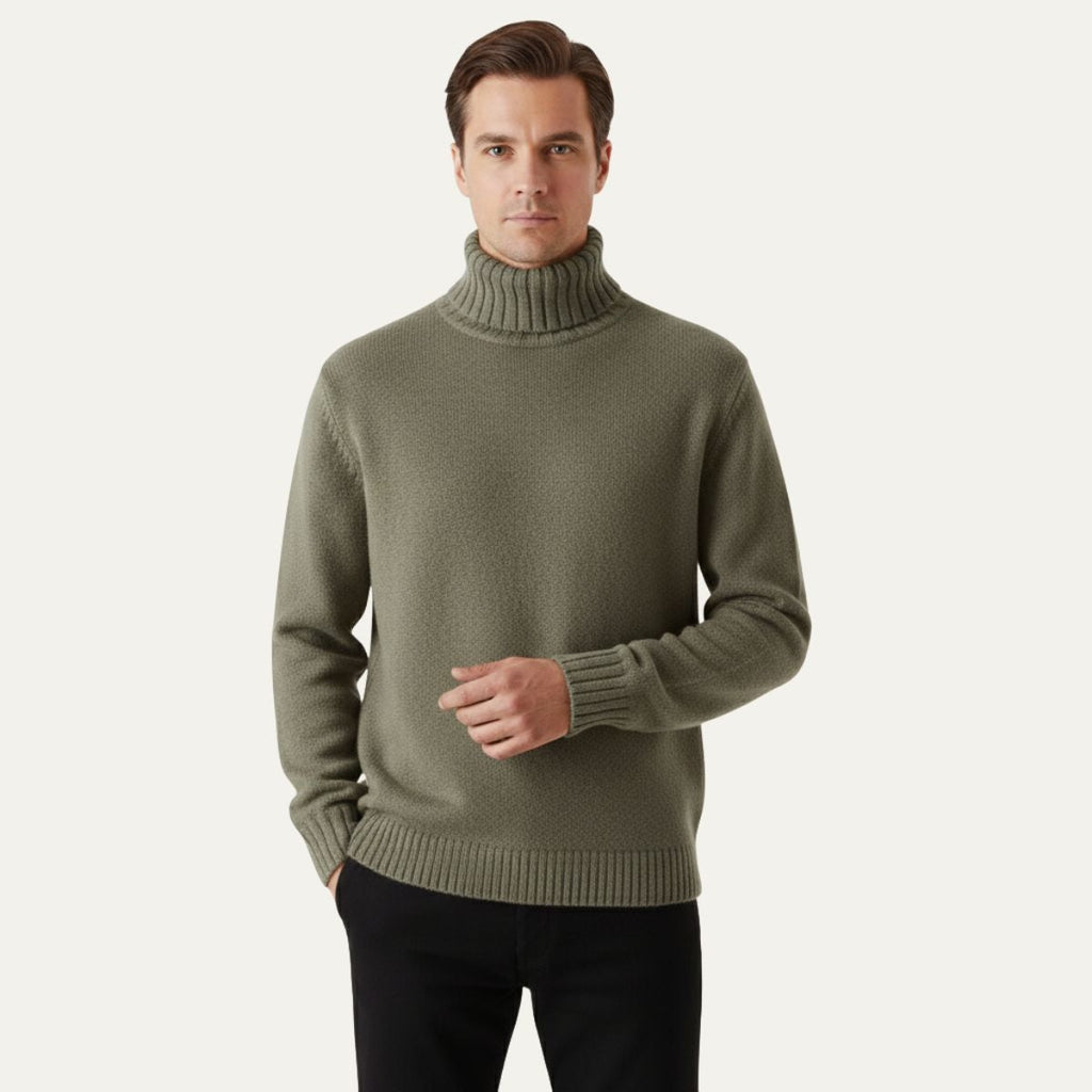 Men’s gray-green soft knit turtleneck sweater with ribbed collar and hem