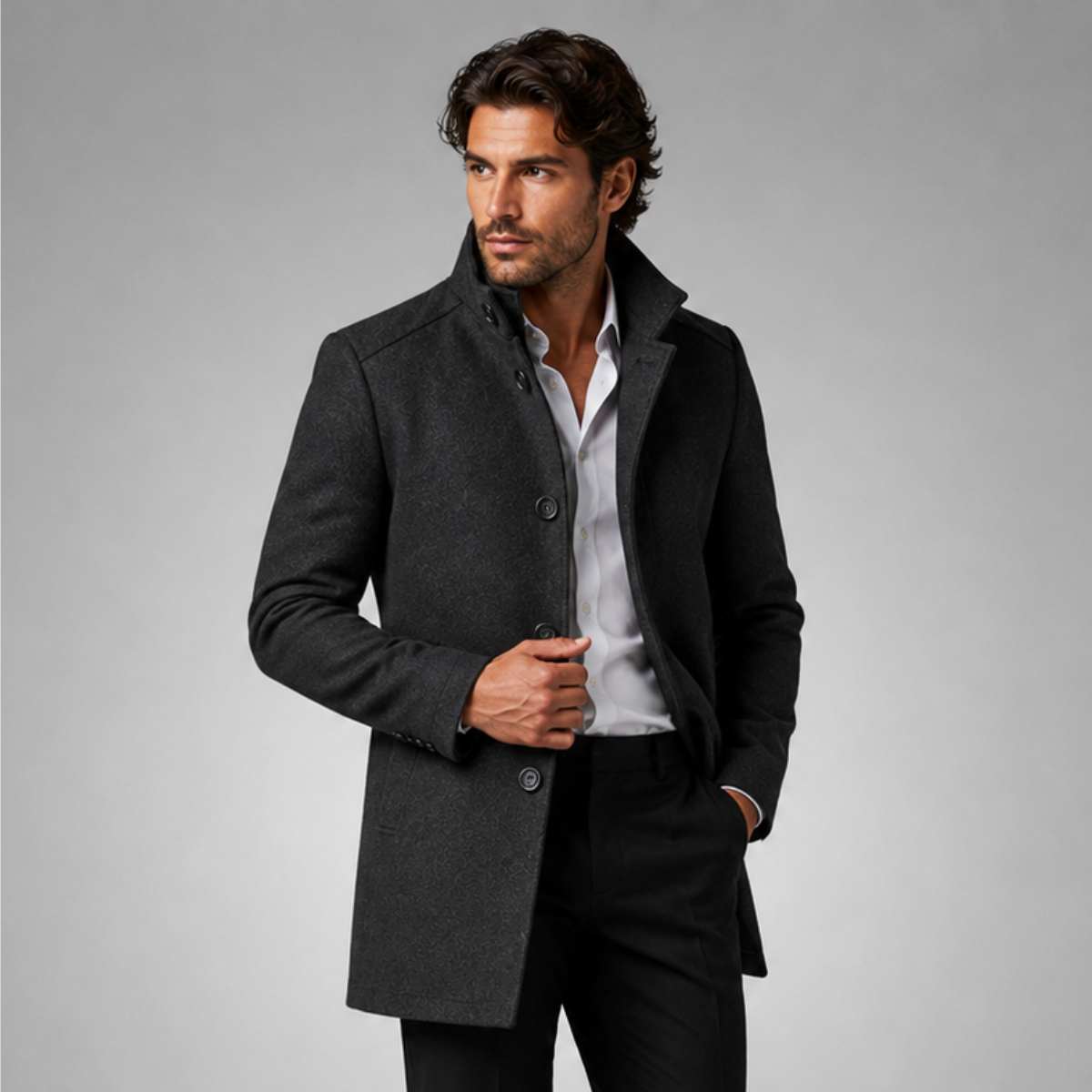 Men's dark gray wool-blend coat with button front, stand collar, and warm lining