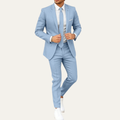 Men's light blue suit set with white shirt, striped tie, and matching dress pants