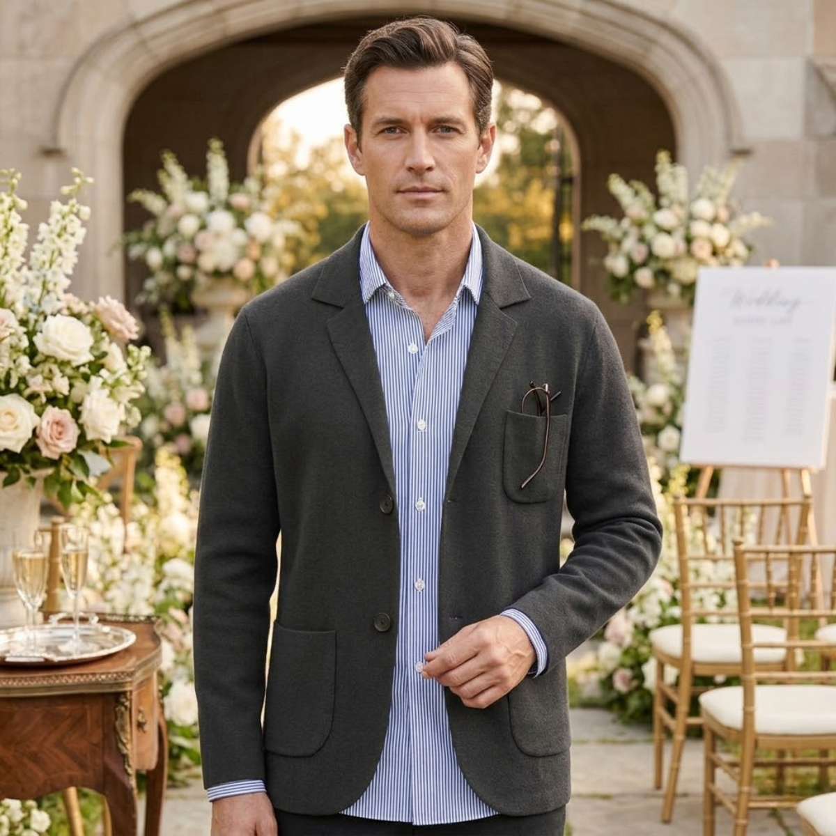 Dark gray cotton summer blazer with notch lapels, two front pockets, and chest pocket; striped shirt