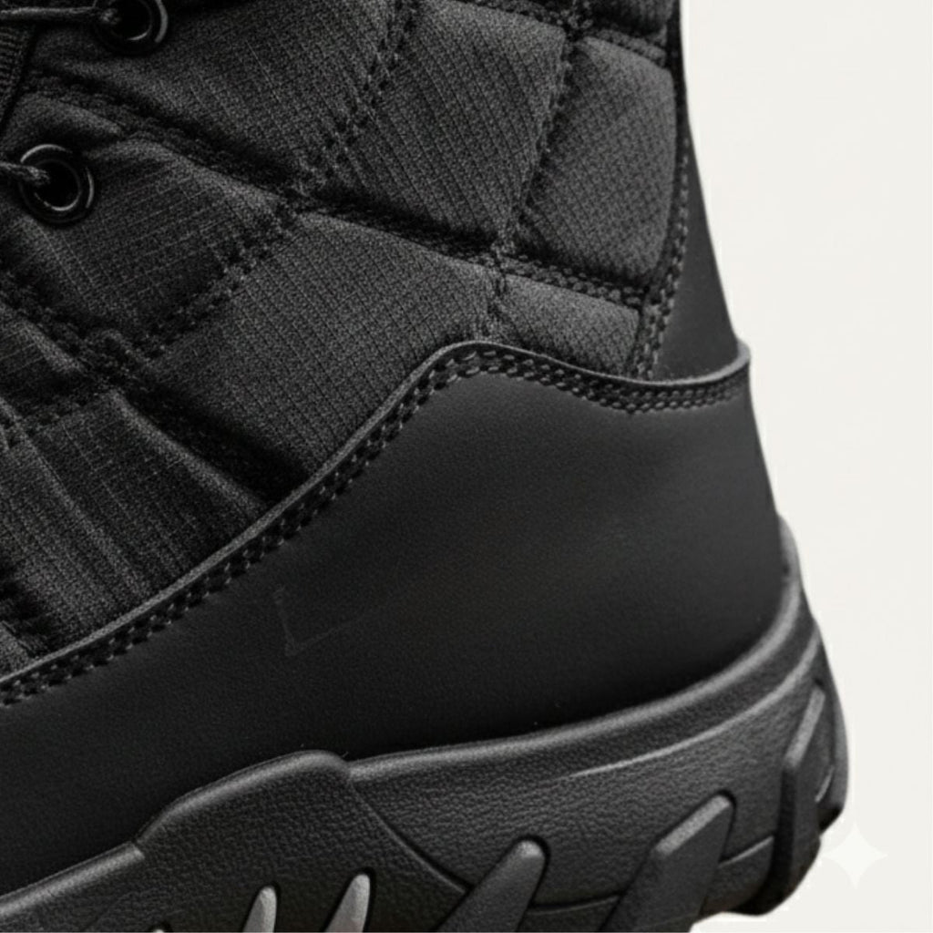 Men's black snow boot with quilted fabric upper and rubber traction sole