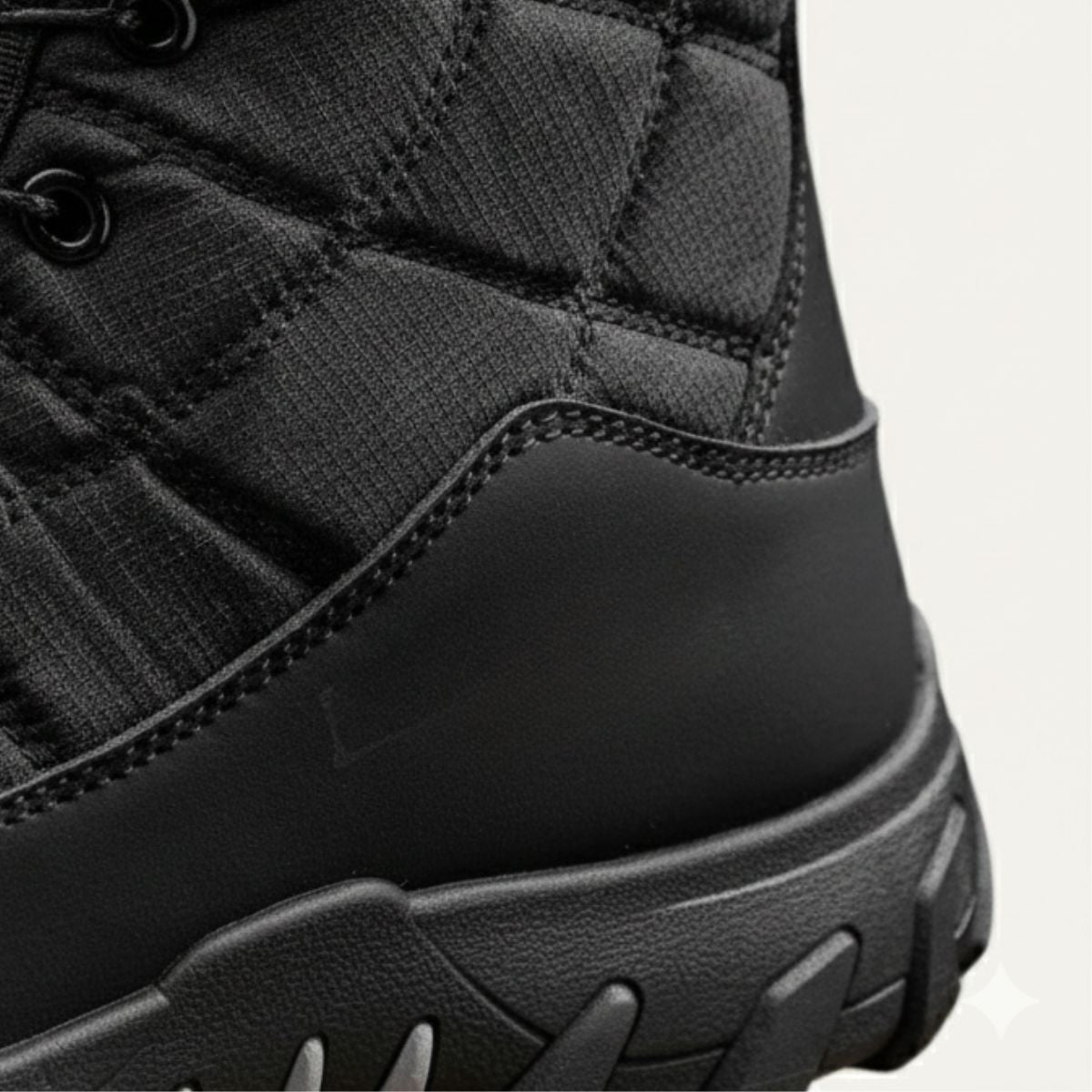 Men's black snow boot with quilted fabric upper and rubber traction sole