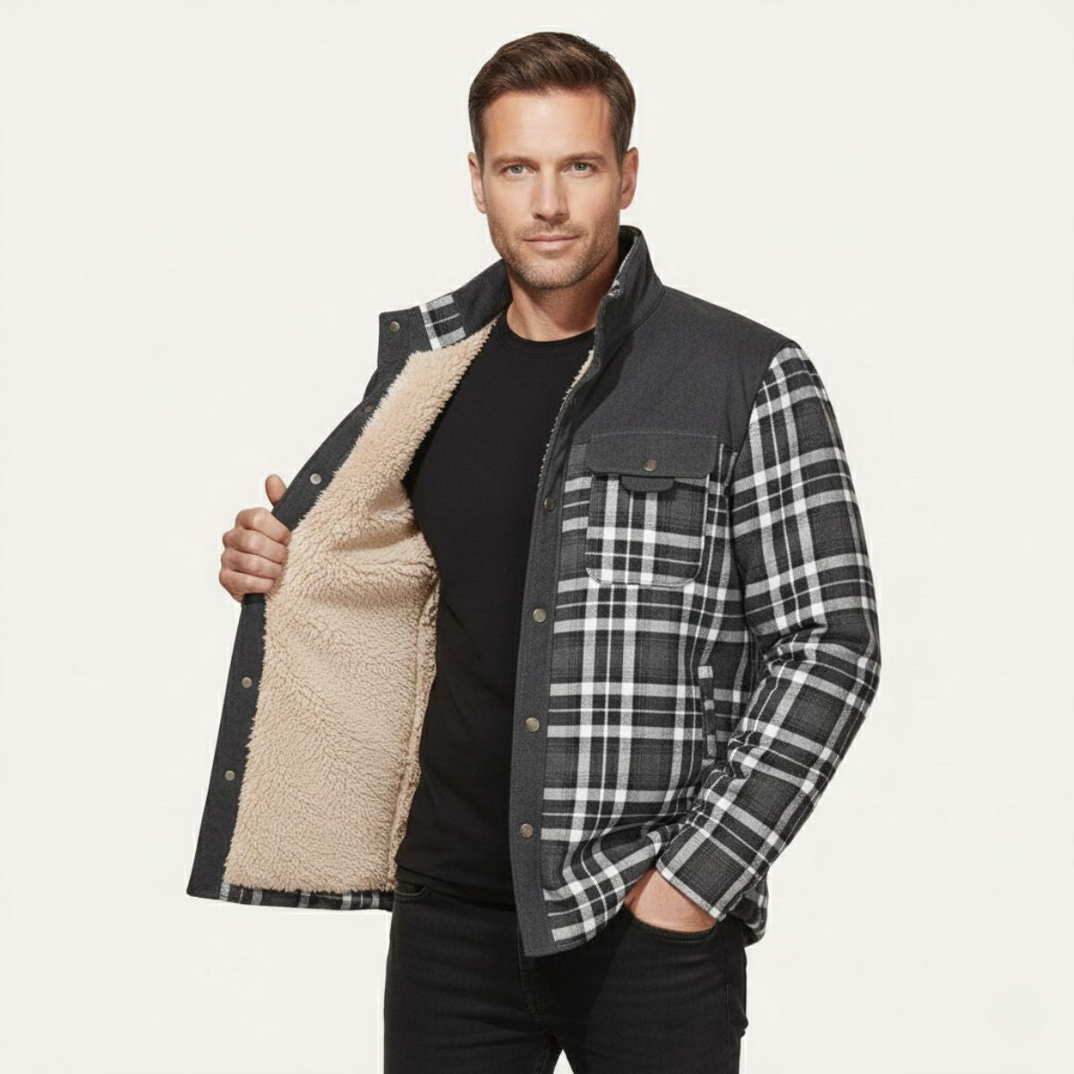 Men's warm plaid check jacket in black and white with tan sherpa lining and hood