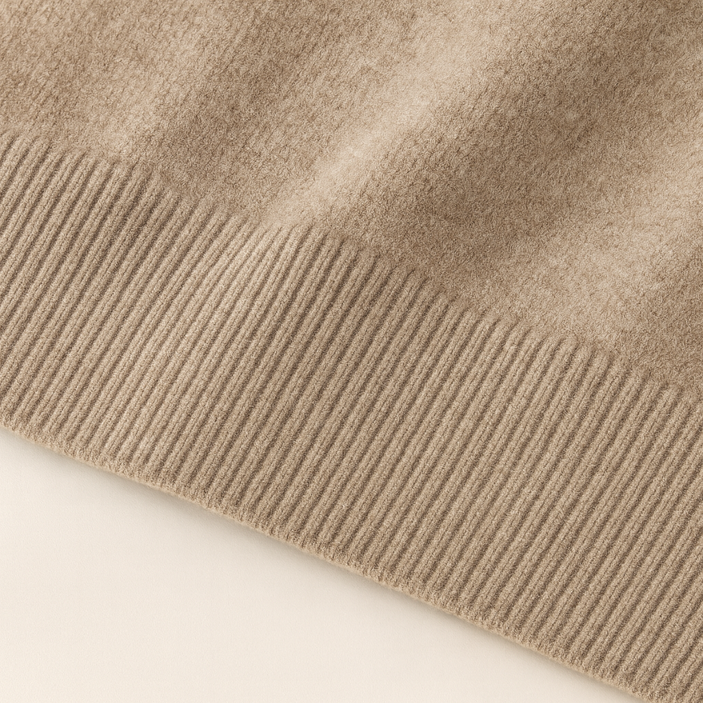 Beige cashmere sweater hem with ribbed knit trim detail.