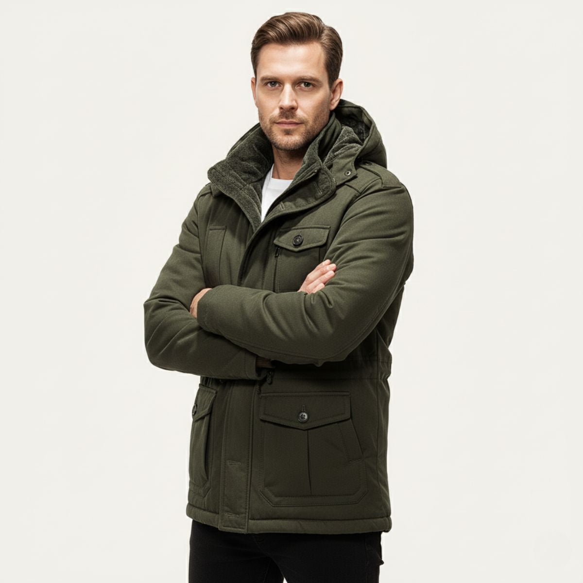 Men's insulated hooded parka jacket in dark green, full zip with snap pocket flaps