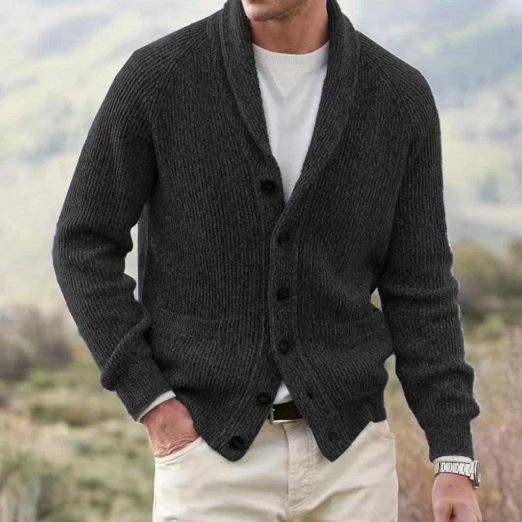 Men's warm knitted cardigan, navy blue, turn-down collar, button placket, patch pockets