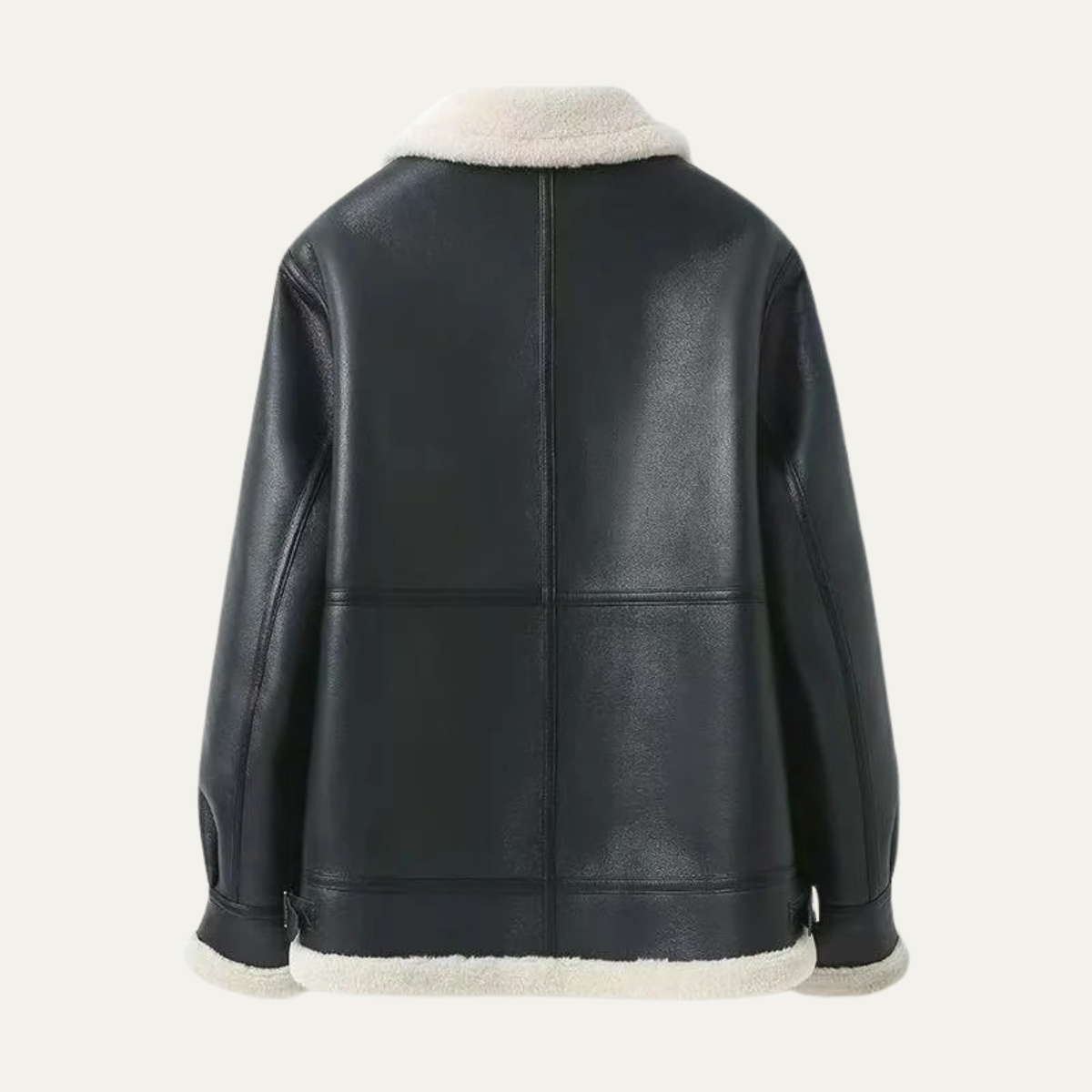 Black leather sherpa-lined jacket back view, cream shearling collar and hem