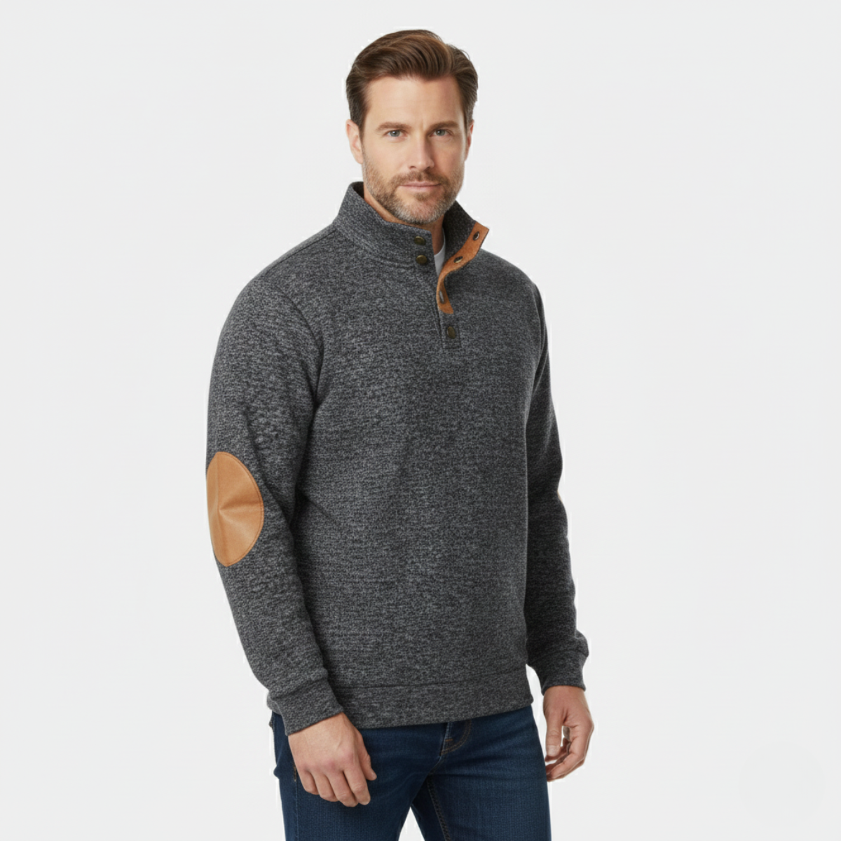 Men's light gray quarter-zip knit sweater with leather-look elbow patches