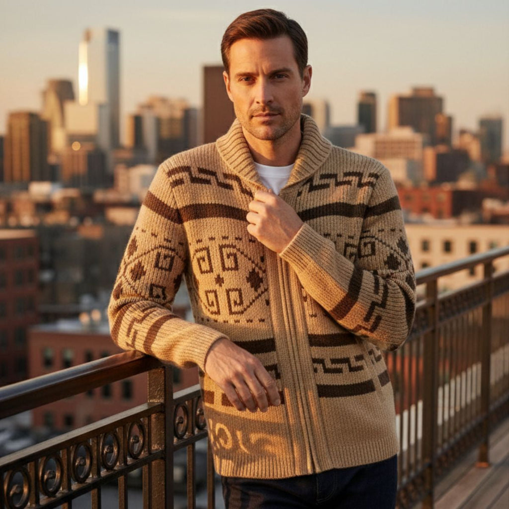 Khaki zip-up shawl-collar knit cardigan with geometric chest pattern