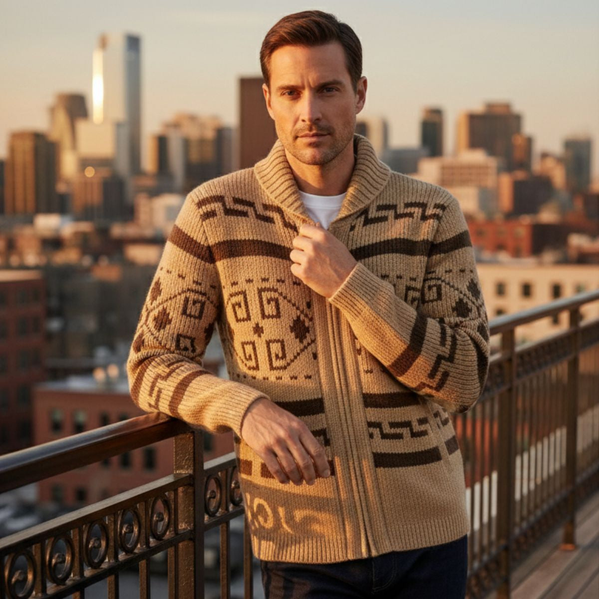 Khaki zip-up shawl-collar knit cardigan with geometric chest pattern