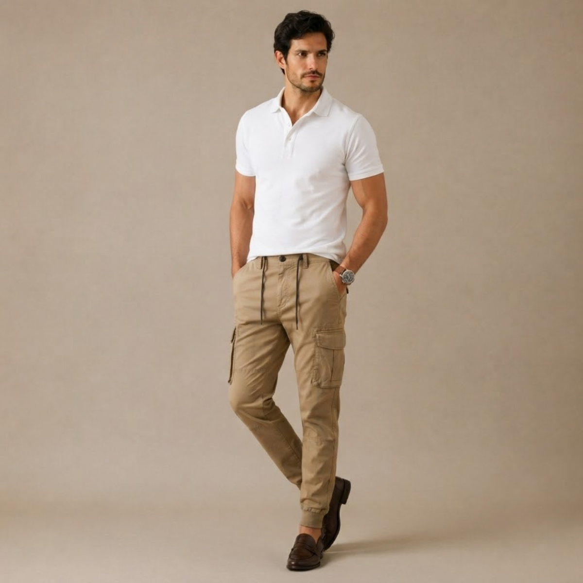 Khaki slim cargo jogger pants on model, drawstring waistband