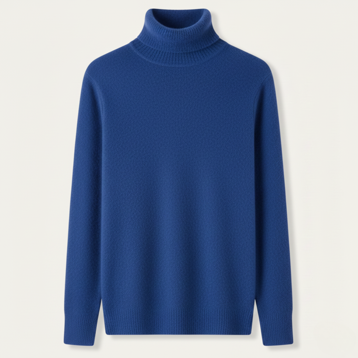 Men's royal blue turtleneck sweater, ribbed collar and cuffs, long sleeves