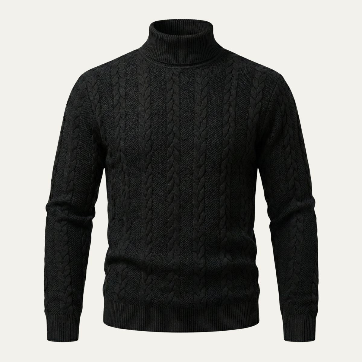 Men's black cable knit turtleneck sweater with ribbed cuffs and hem