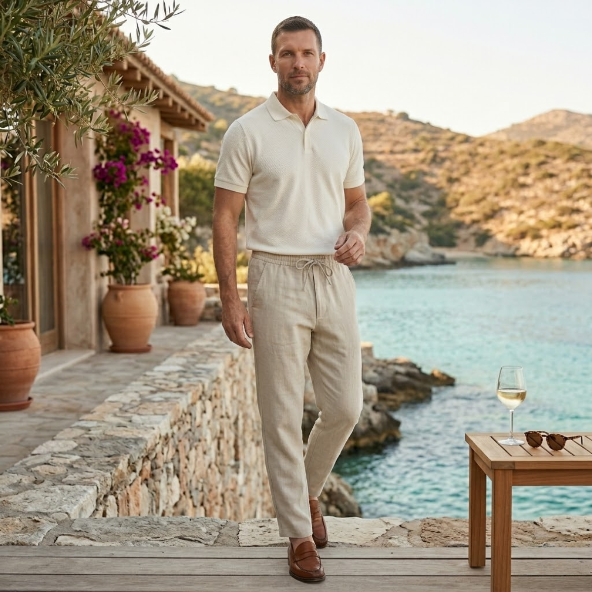 Men's light khaki cotton jogger pants with elastic waistband, drawstring, and ankle cuffs