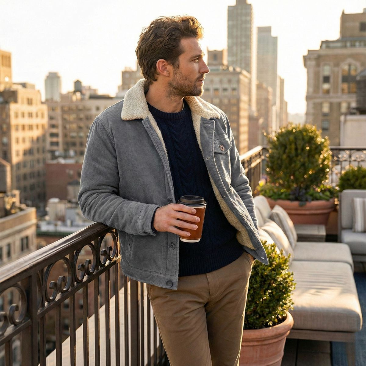 Men's light gray corduroy winter jacket with sherpa collar and chest button pocket