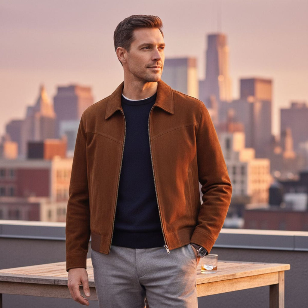 Brown suede zip-up jacket with point collar and front zipper on a model