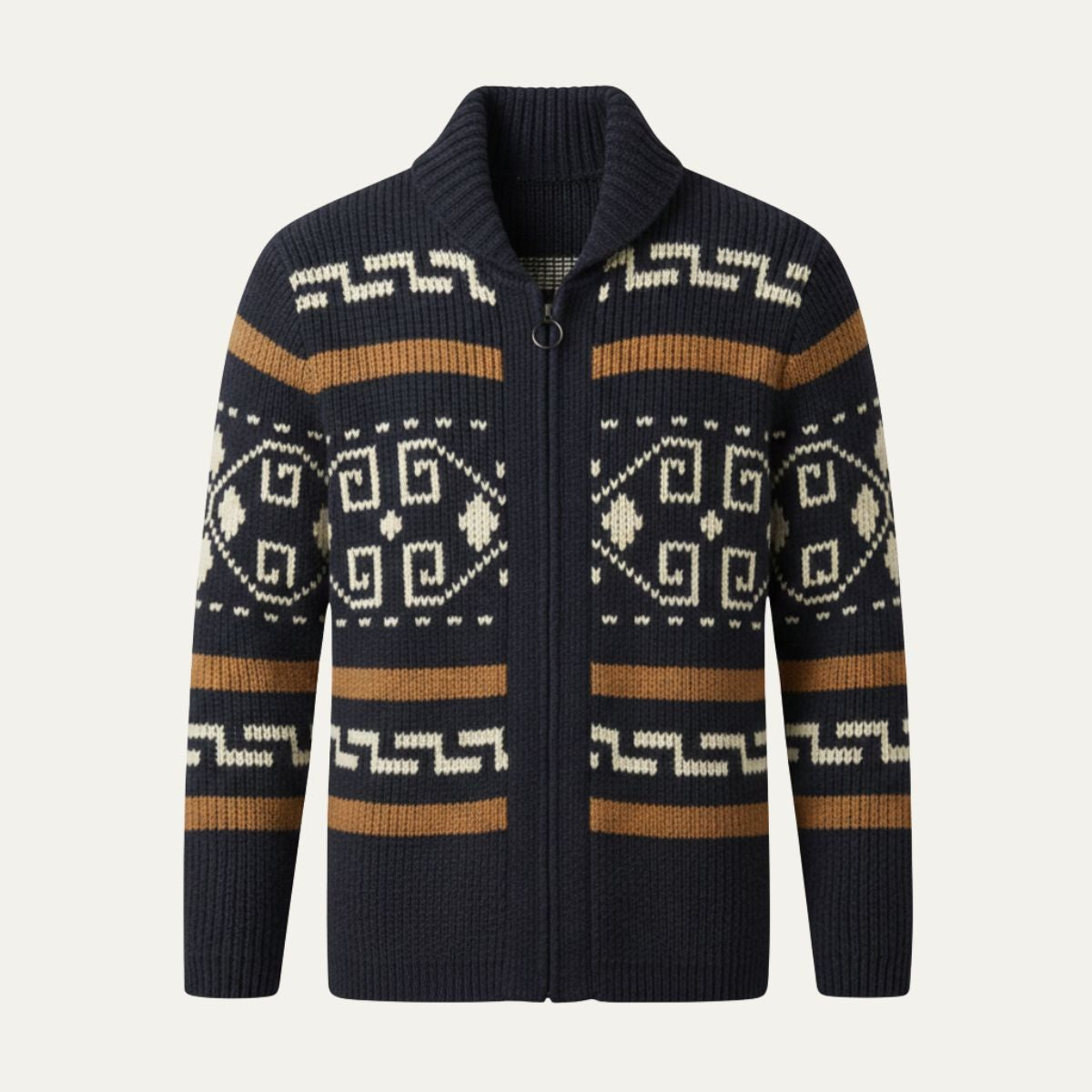 Navy knit cardigan with shawl collar, zip front, and cream geometric fair isle pattern
