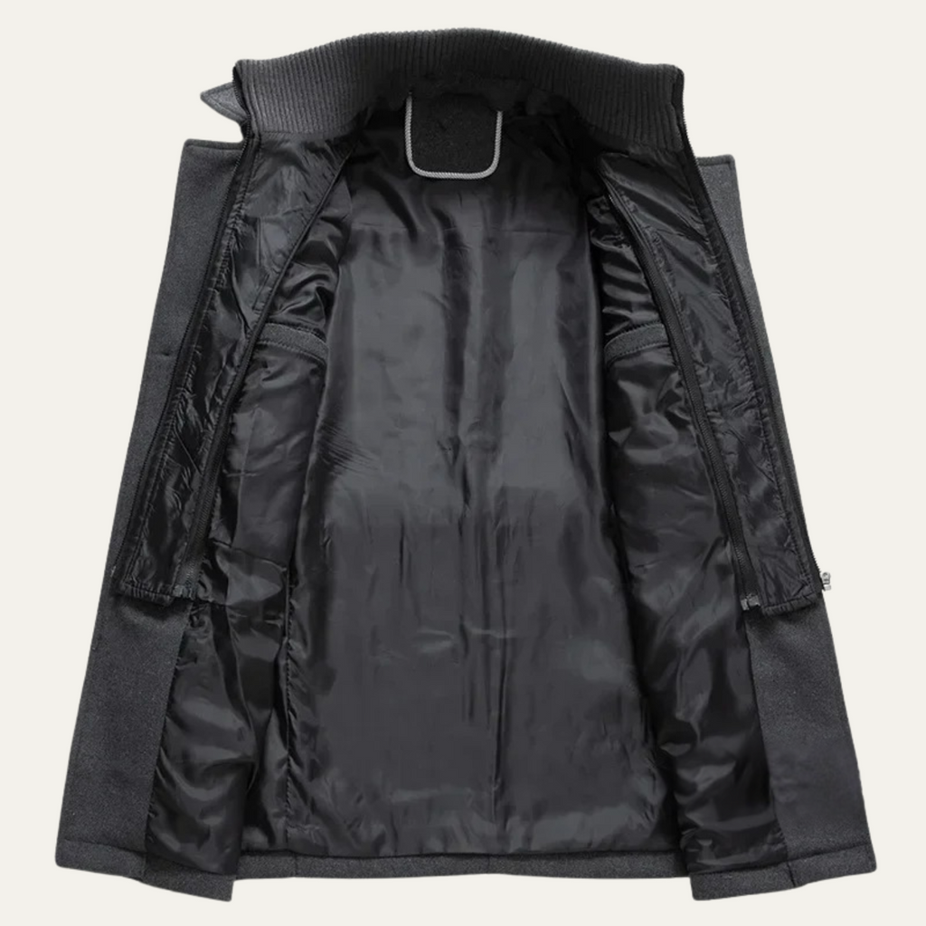 Men's wool-blend coat open view: dark gray lining, interior pocket, and quilted inner shield