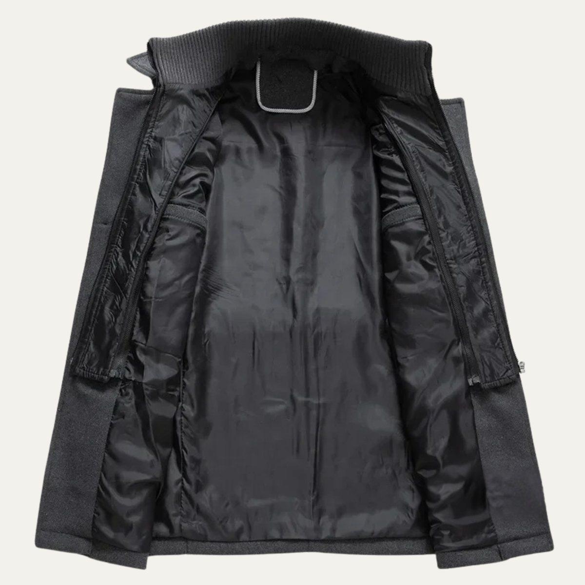 Men's wool-blend coat open view: dark gray lining, interior pocket, and quilted inner shield