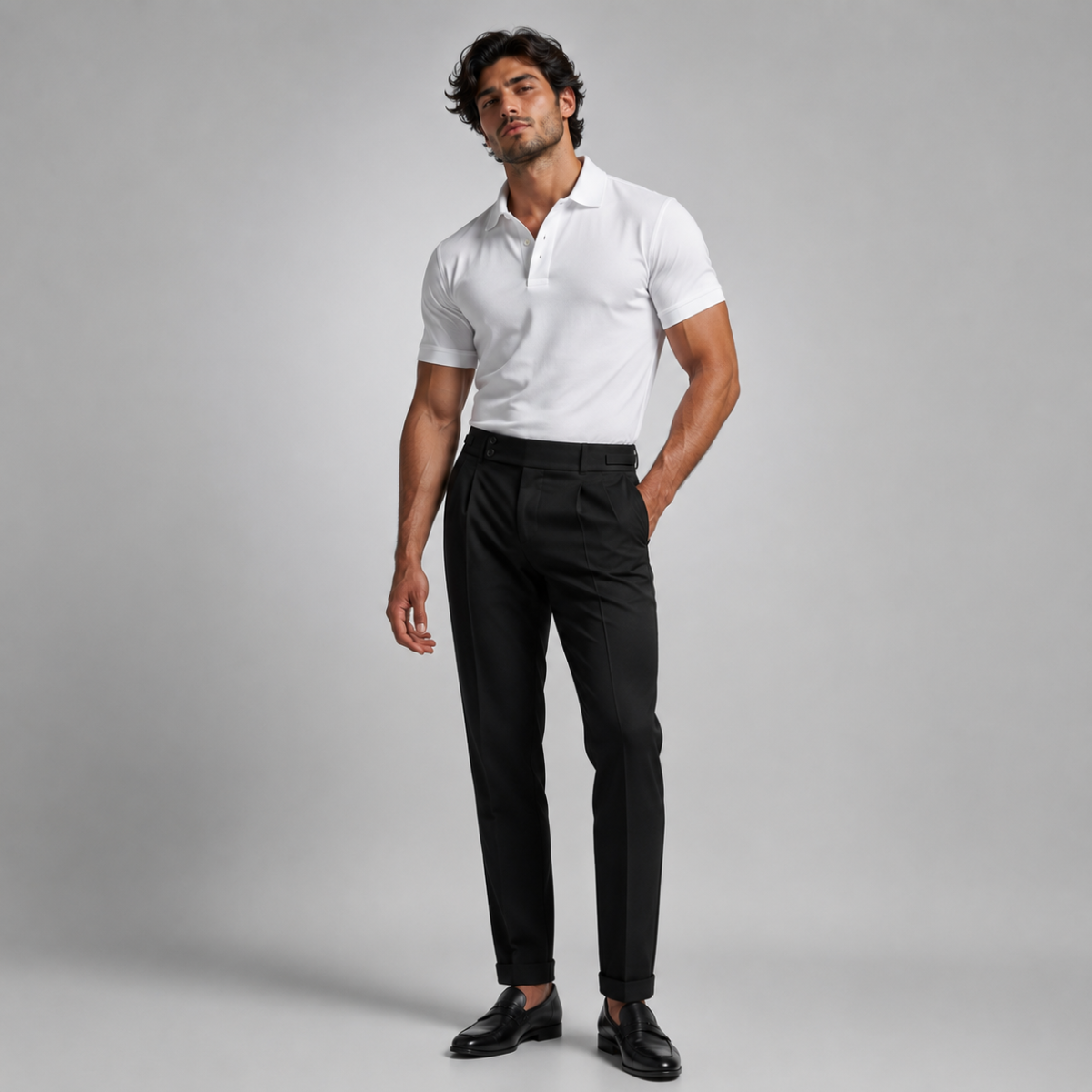 Men’s black slim-fit dress pants worn with a white polo, flat front and tapered legs