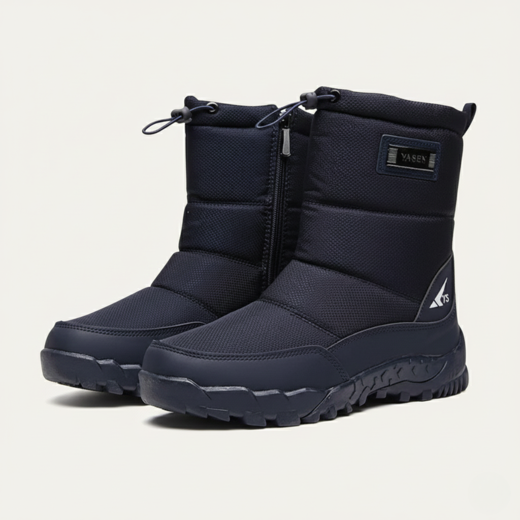 Men's insulated snow boots in dark blue, lace-up tops and side zipper, treaded sole