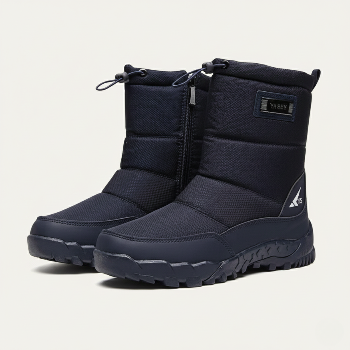 Men's insulated snow boots in dark blue, lace-up tops and side zipper, treaded sole
