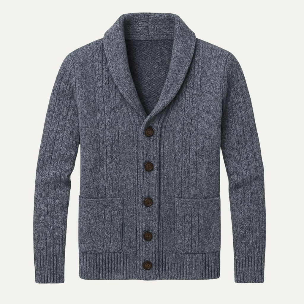 Men's heather gray cashmere cardigan with shawl collar, four-button front, patch pockets